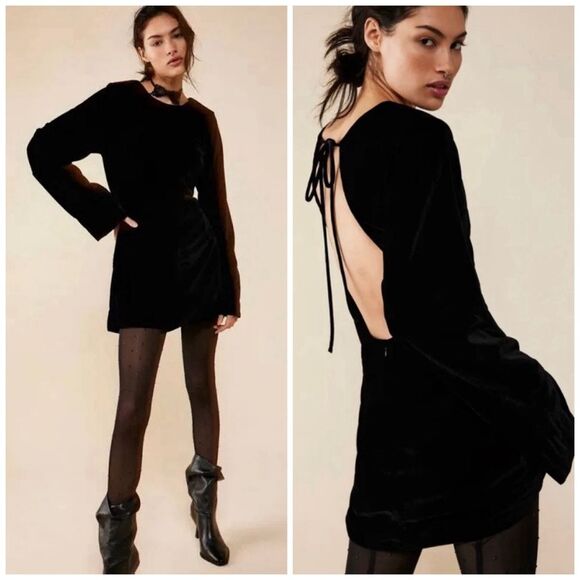Free People Size Small Chelsey Black Velvet Open Back Mini Dress NWT - Picture 1 of 12